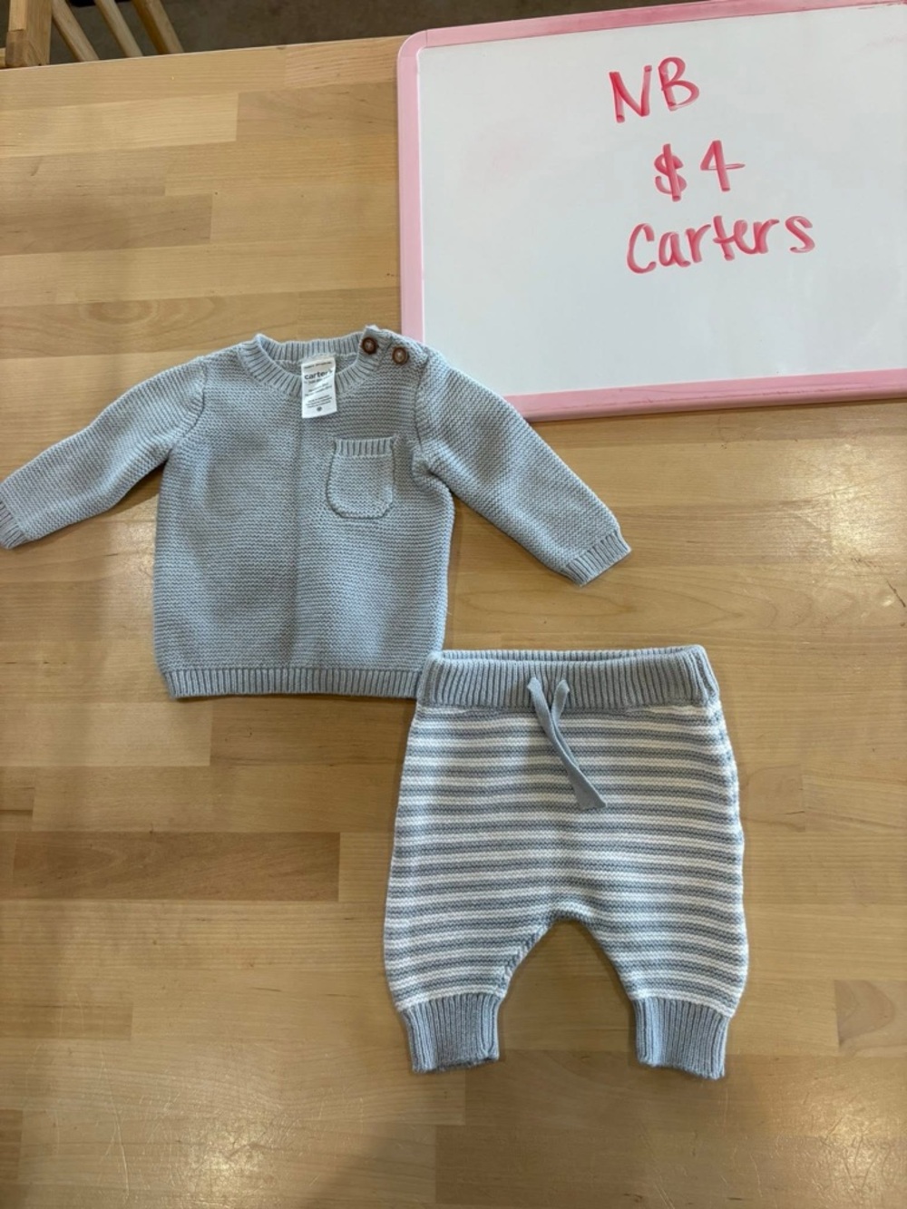 Carter's Light Blue Knit Sweater and Striped Pants Set